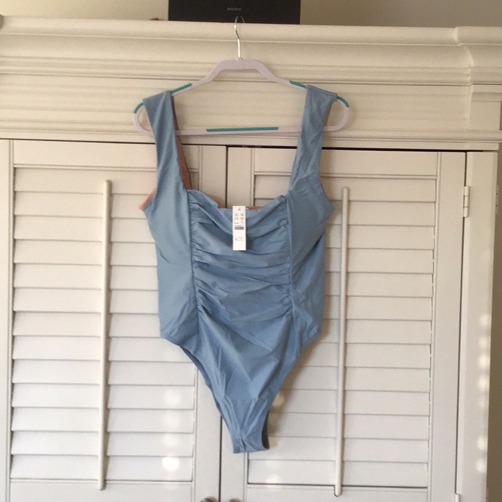 J. Crew Light Blue Ruched Square Neck Swimsuit Sz 18